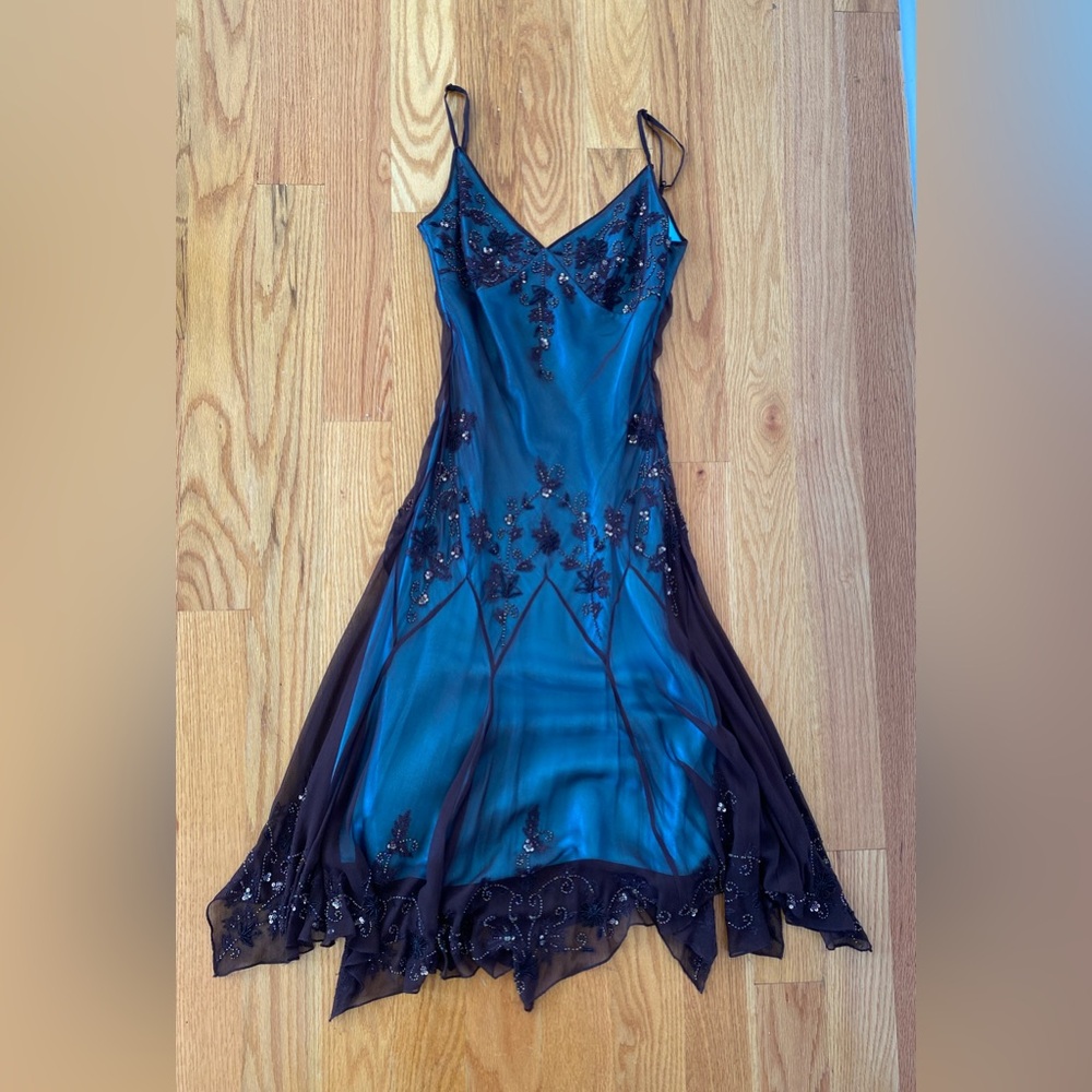 Papell Boutique Teal Evening/Slip Dress with Spaghetti Straps (Wedding/Cocktail)